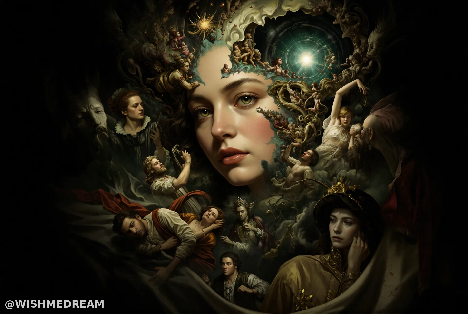 A young woman’s face serves as the canvas for a swirling, baroque dreamscape filled with historical figures and cosmic phenomena. Her brain cavity reveals a tunnel to an infinite starfield, while classical art motifs and mythological scenes spiral outward from her skull.