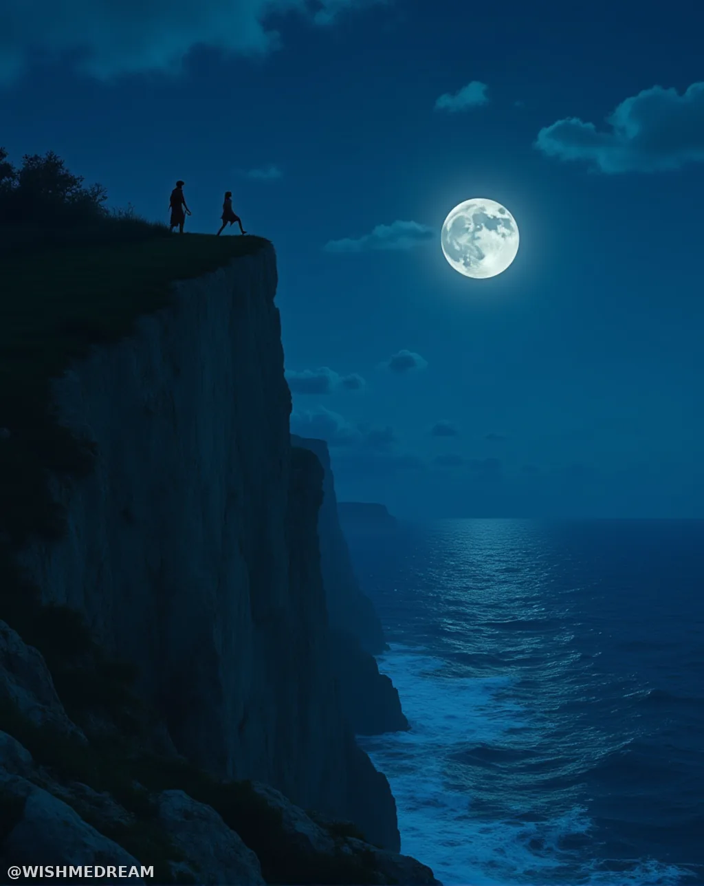 Silhouetted figures stand precariously on a cliff edge under a luminous full moon, overlooking turbulent ocean waves. The scene is rendered in deep blues and dramatic shadows, evoking both romance and existential dread.