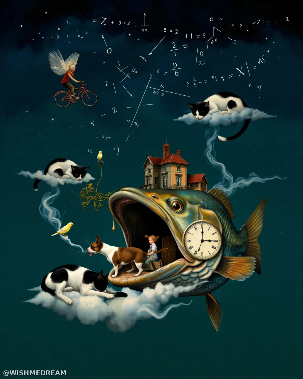 A surreal night sky where a giant fish with an open mouth contains a house and clock, while floating clouds host sleeping cats, a bird, and a child riding a bicycle through chaotic equations.