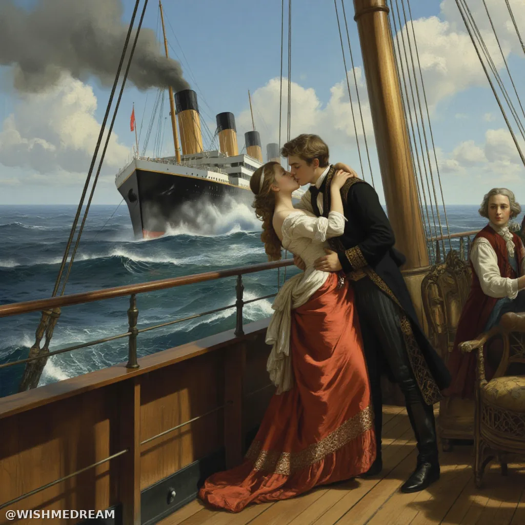A couple in Victorian-era attire passionately kisses on the deck of a sailing ship as the RMS Titanic plows through rough seas behind them. A third figure sits calmly nearby, observing.