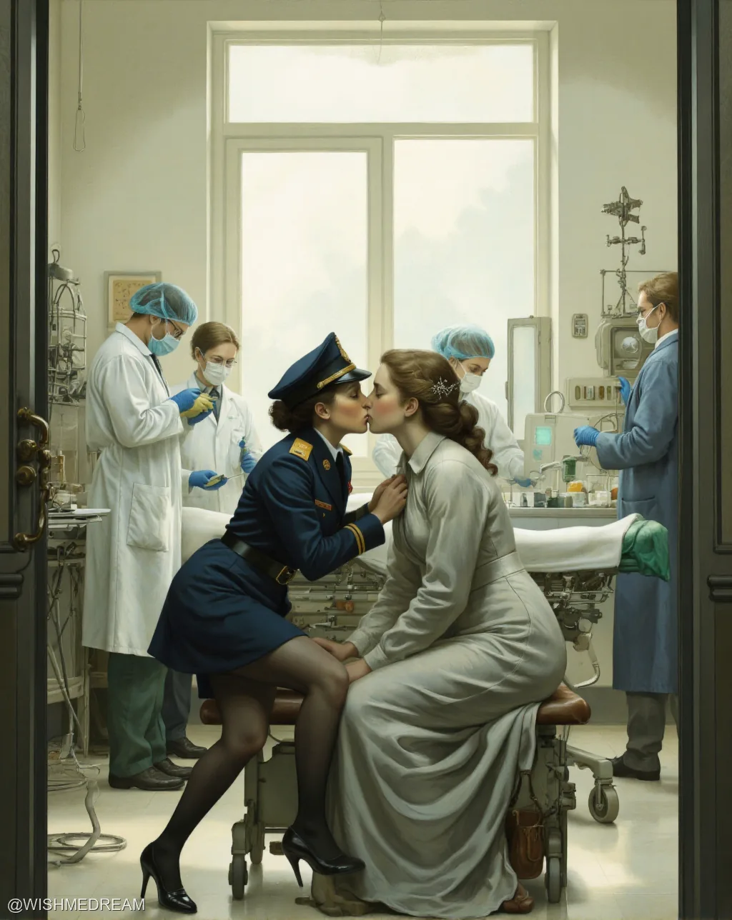 In a clinical operating room, a uniformed officer kisses a seated woman while medical staff in masks and scrubs watch with detached professionalism. The scene is framed by an open door, revealing a surreal blend of romance and institutional sterility.