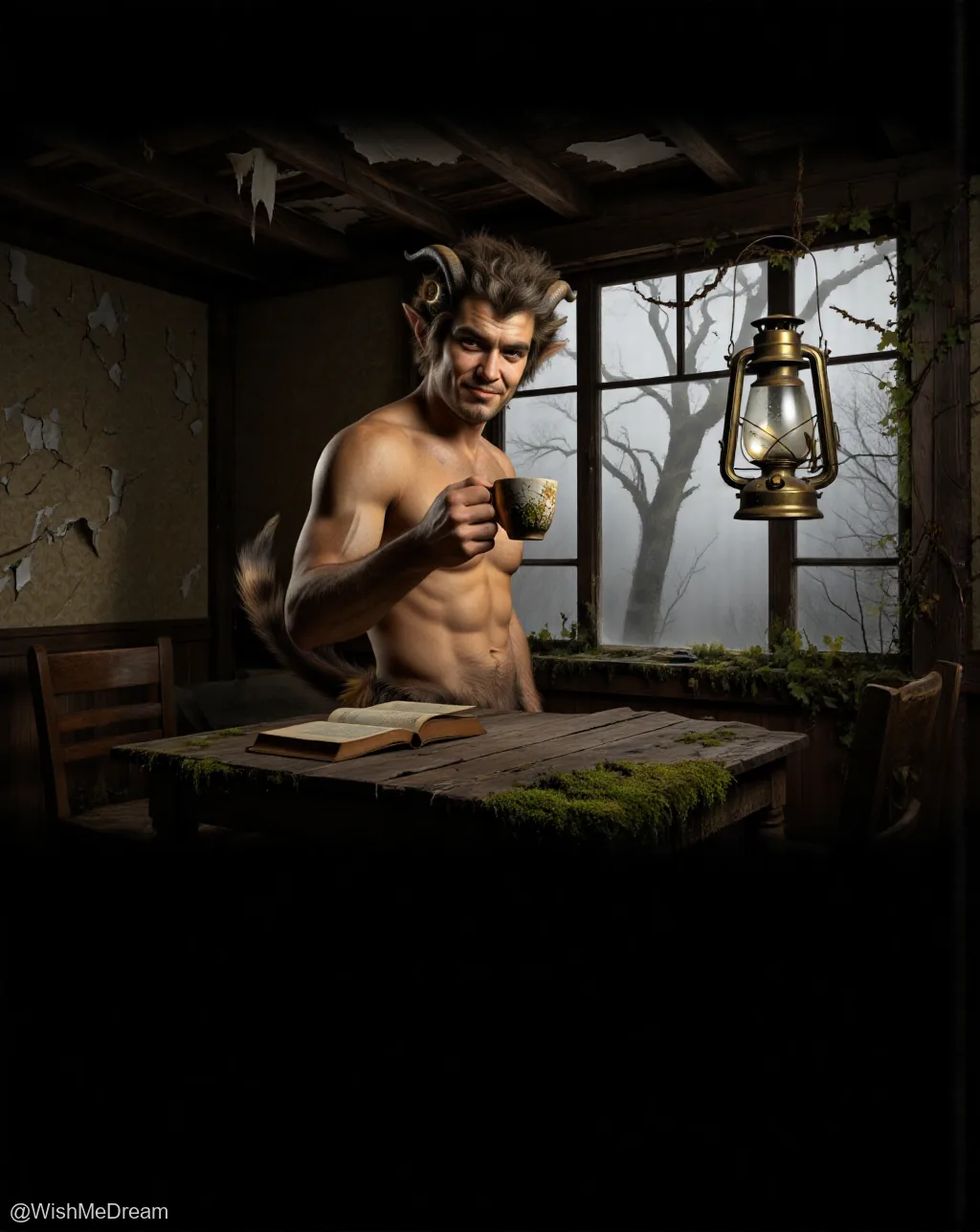 A shirtless satyr with horns and a tail sits calmly at a moss-covered table, sipping tea while an open book lies beside him. The decaying room features peeling walls and a window overlooking a misty, skeletal tree — all lit by a single hanging lantern.
