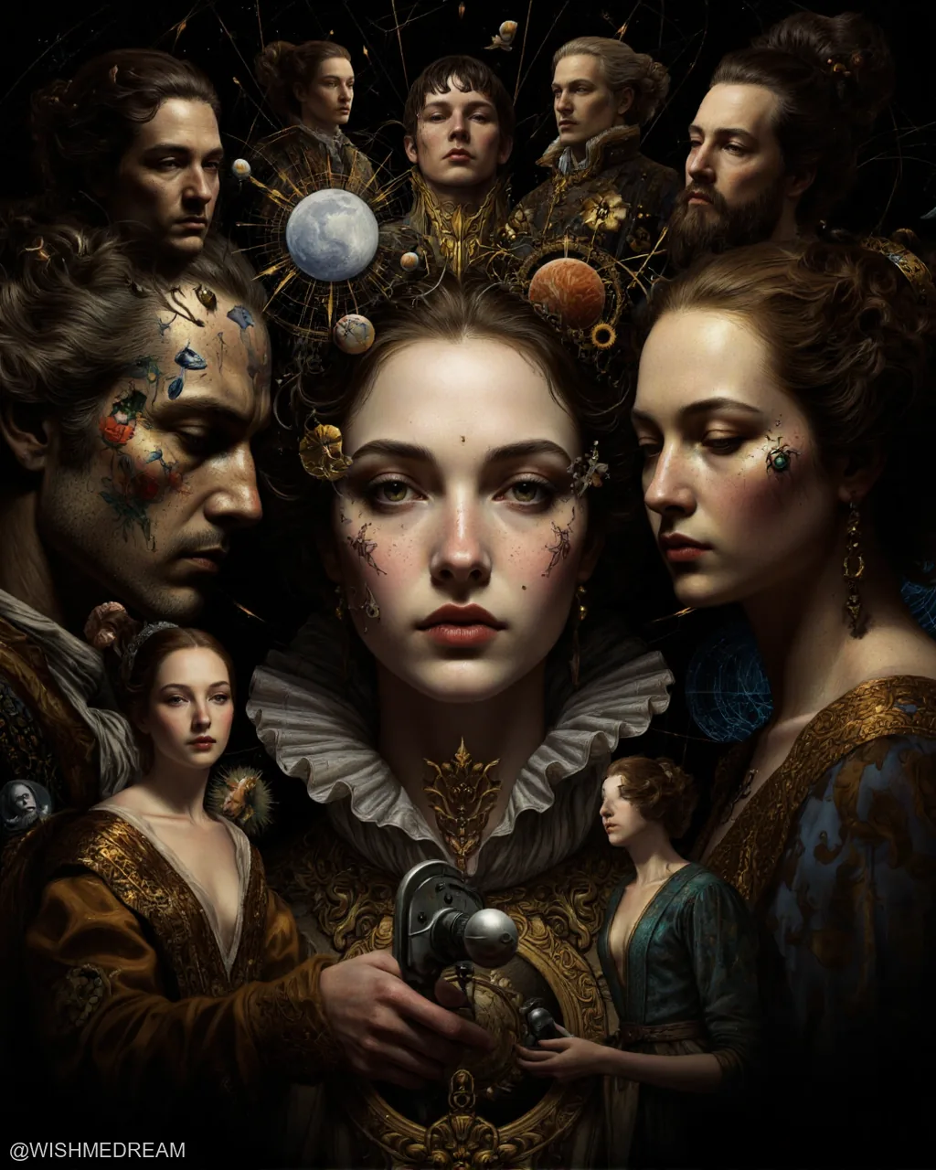 An opulent, surreal portrait of a central woman surrounded by multiple figures—some celestial bodies and others in ornate period attire—with intricate planetary motifs floating around them like a cosmic family tree.