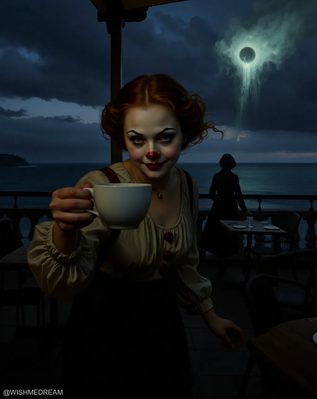 A woman with clown makeup holds out a cup of tea on an ocean terrace as a celestial body drips liquid light into the sea behind her. Another figure sits alone in the gloom, unaware of the cosmic spectacle.