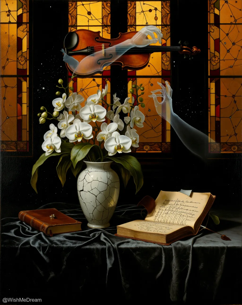 A spectral hand plays a floating violin against a stained-glass window depicting constellations, while white orchids bloom from a cracked vase beside open books on a velvet-draped table.