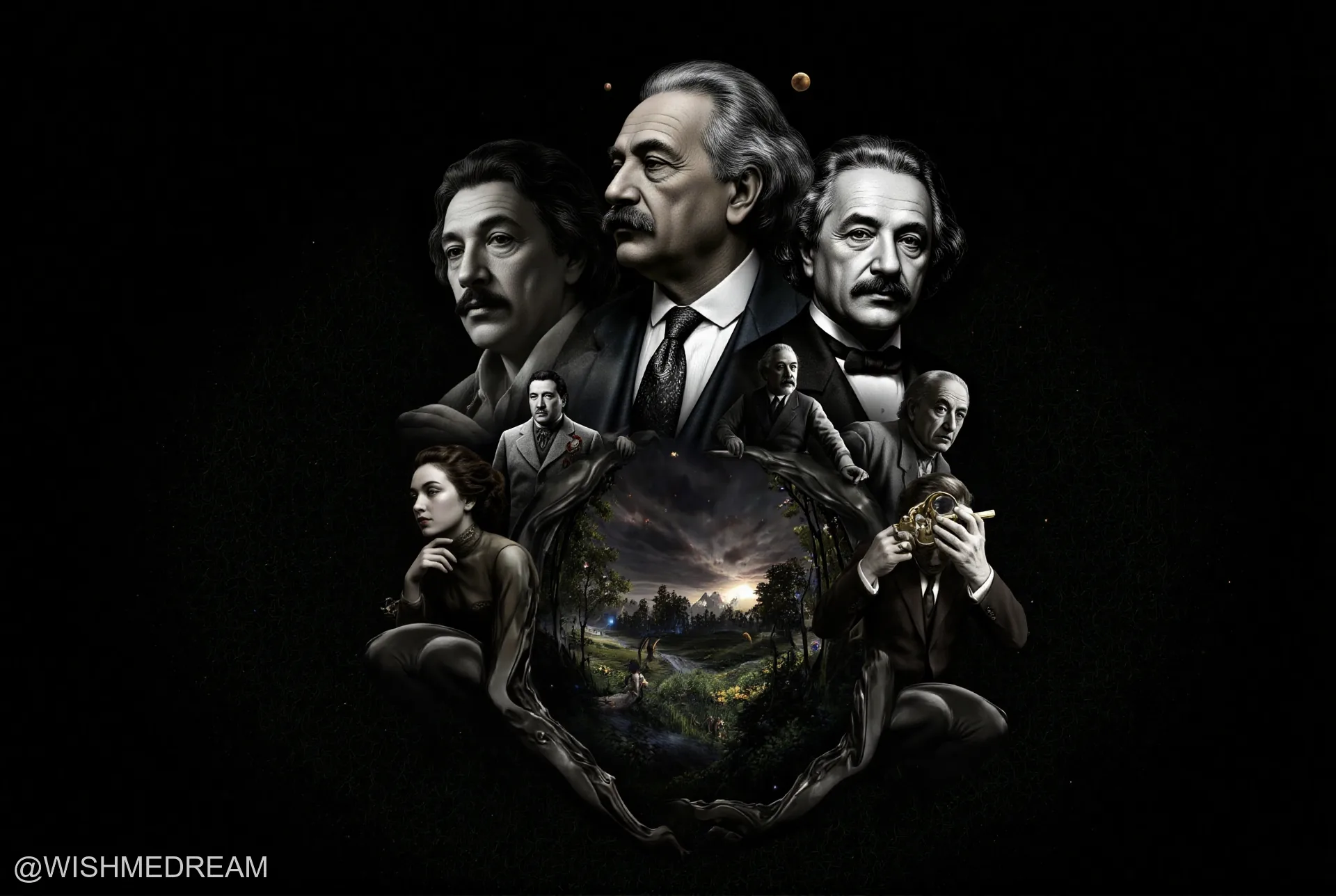 A surreal collage of Albert Einstein’s many faces, arranged around a glowing portal that reveals a pastoral scene, all rendered in dramatic chiaroscuro lighting against a void.