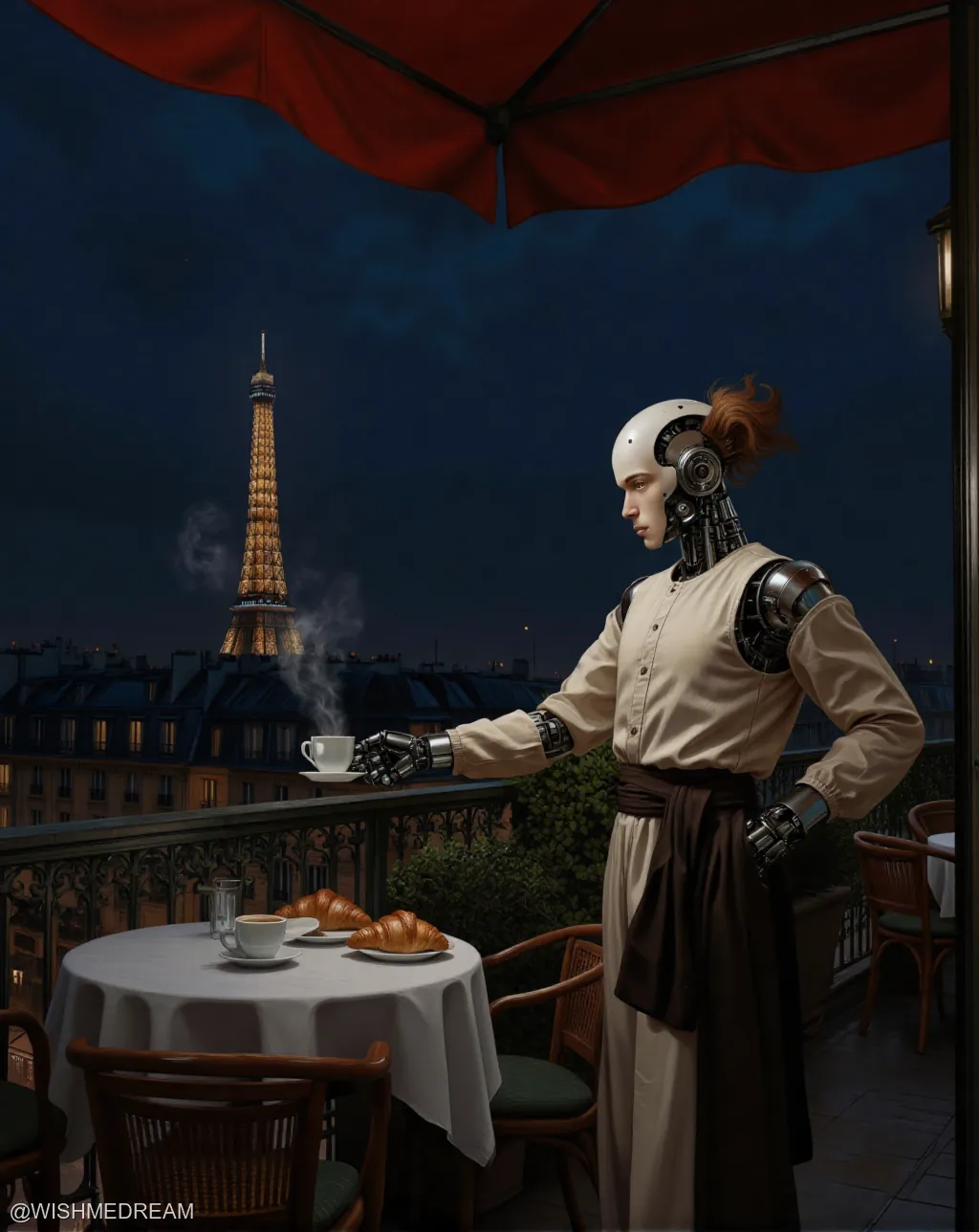 A humanoid robot with visible mechanical joints serves coffee on a Parisian balcony at night, with the illuminated Eiffel Tower in the background. The scene blends vintage café aesthetics with futuristic tech.