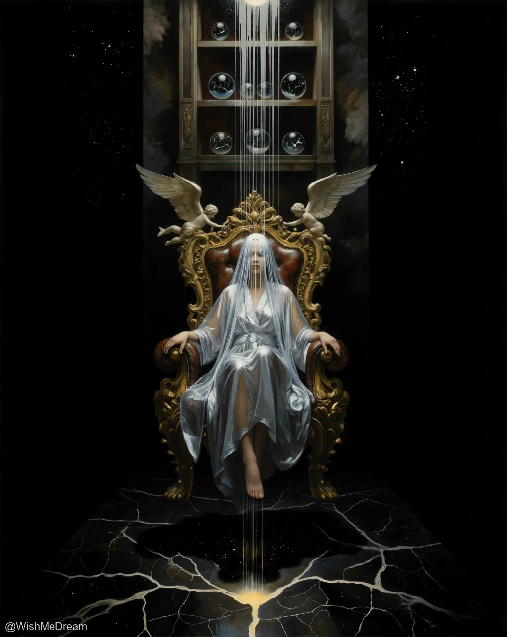 A veiled figure sits regally on an ornate throne as streams of liquid stars cascade down from a celestial shelf above, pooling in cracks that radiate across a star-strewn floor.