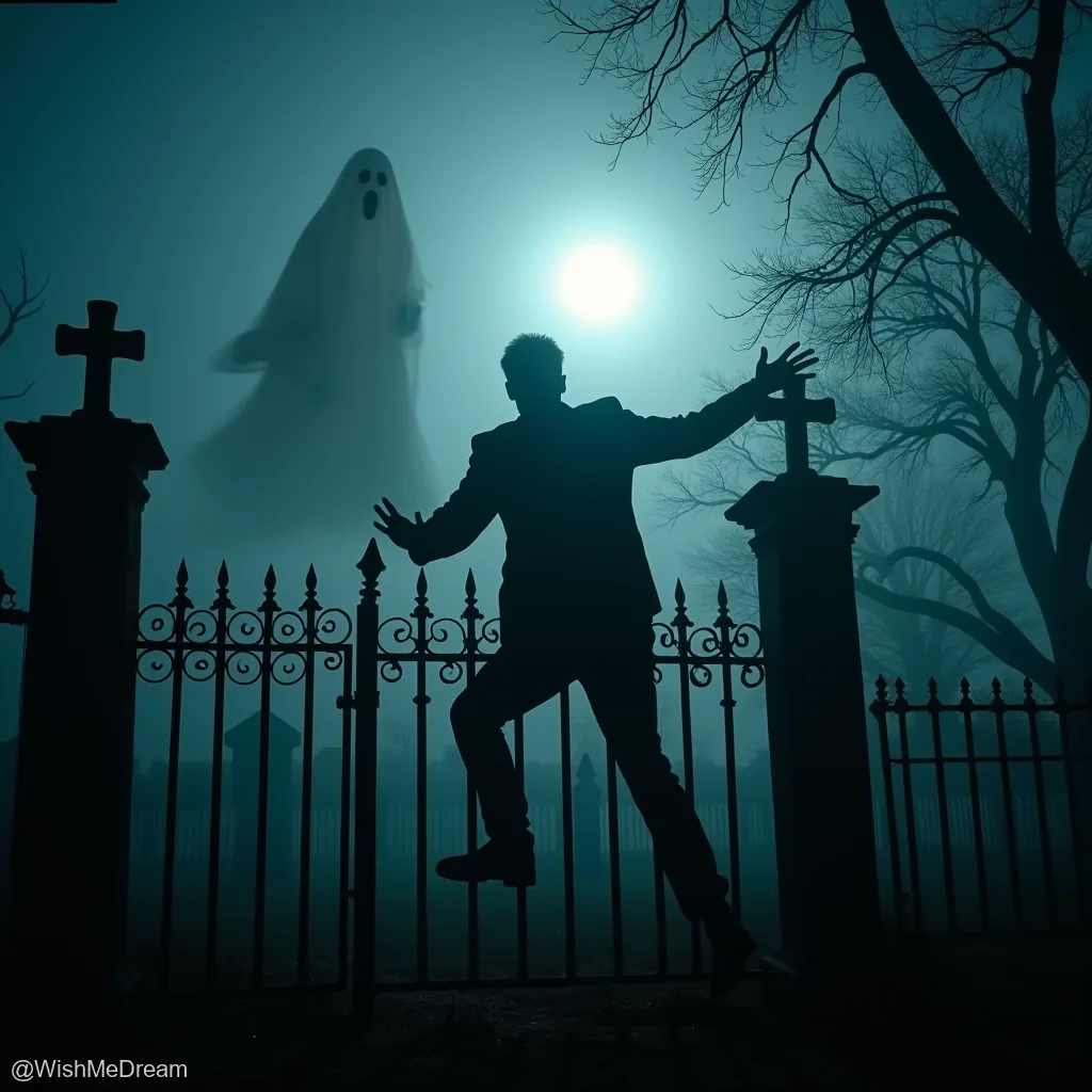 A man in silhouette dramatically leaps over a graveyard gate as a translucent ghost looms behind him, bathed in eerie moonlight and fog.
