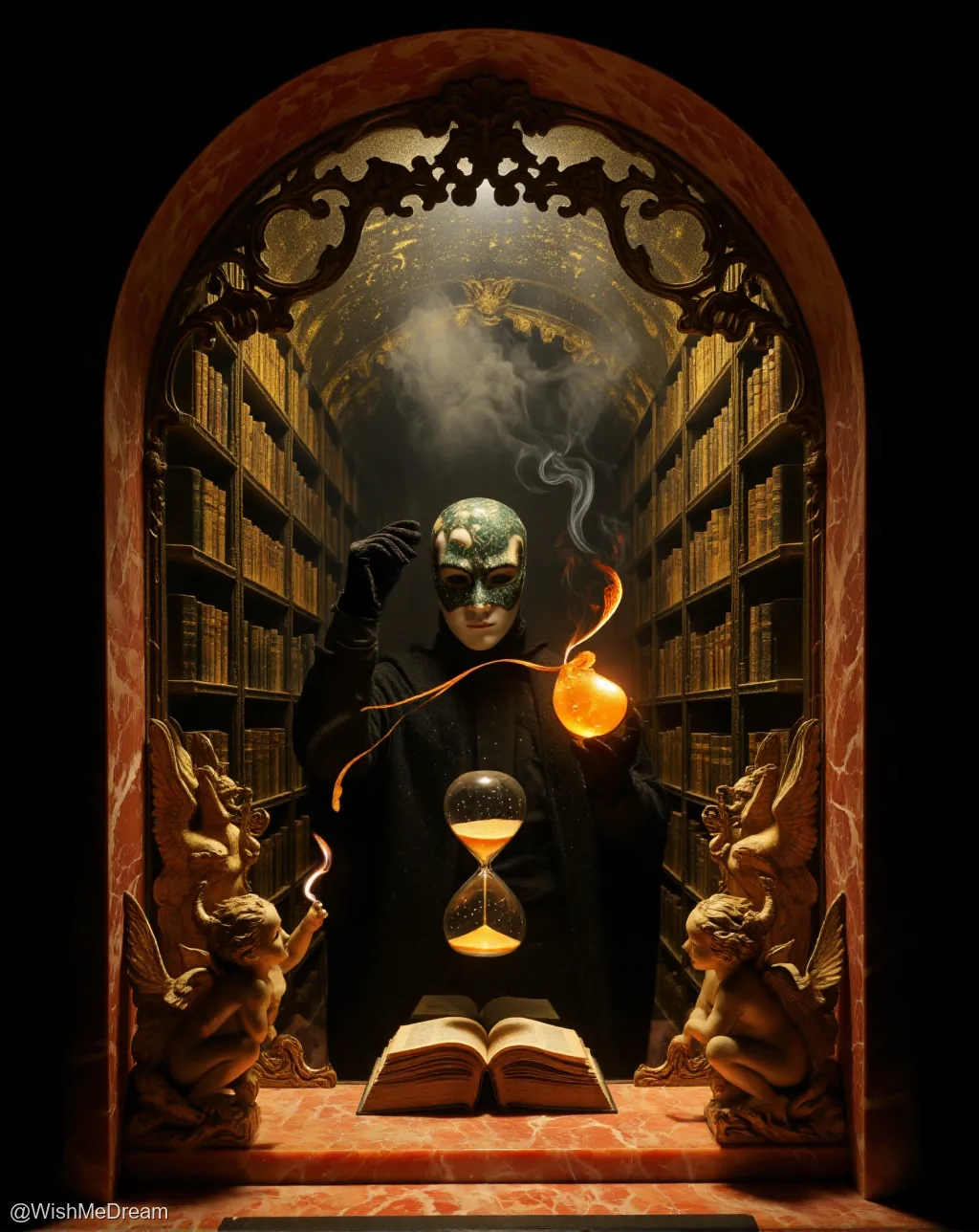 A masked figure in a lavish, gothic library holds a glowing orb while an hourglass hovers above an open book — smoke curls from the orb like stolen time. Cherubs flank the scene, watching as books line shelves that vanish into darkness.