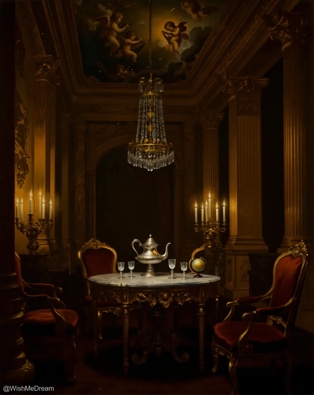 An opulent, candlelit baroque dining room with gilded furniture and a chandelier, where a silver teapot sits alone on a marble table surrounded by empty wine glasses — no one’s here to enjoy the tea.