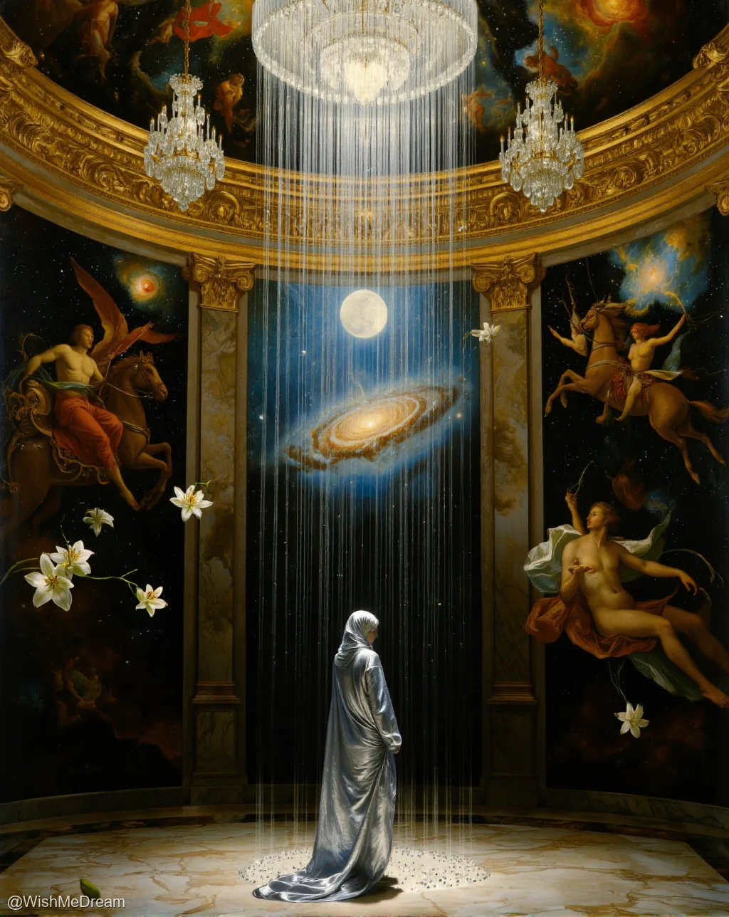 A robed figure stands beneath a chandelier that pours down streams of starlight and galaxies, while mythological figures ride through celestial walls within an opulent, gilded room.