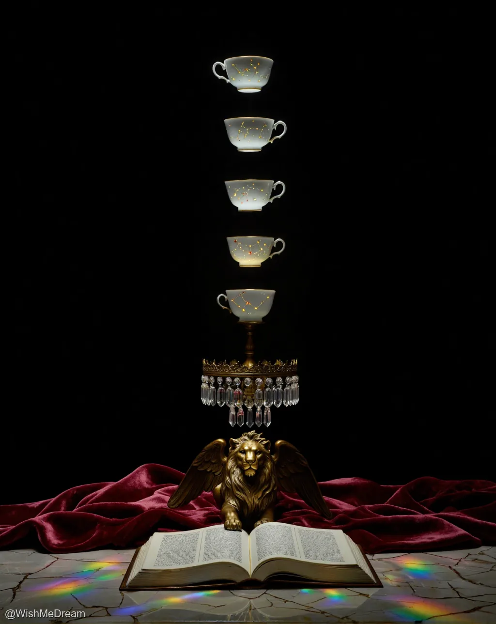 Five luminous teacups, each etched with constellations, float vertically above an ornate chandelier. Below, a golden winged lion statue rests atop an open book on a cracked marble floor, where rainbow light spills from the base.