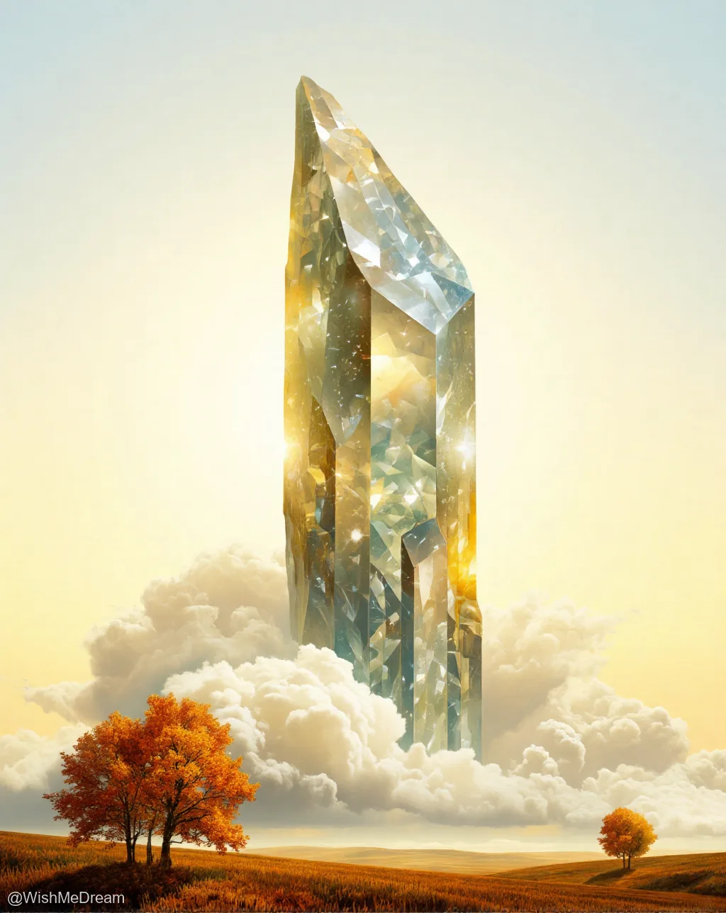 A colossal, multifaceted crystal pierces through clouds like a celestial skyscraper, glowing with internal light while autumn trees watch in bewildered awe from below.