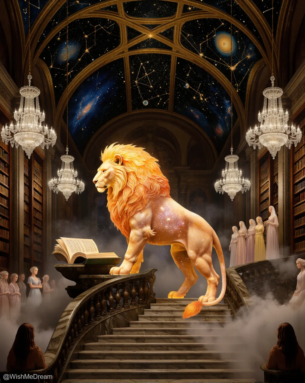 A majestic, starry-maned lion stands atop a grand staircase in an opulent library with a celestial ceiling, surrounded by ethereal figures in flowing gowns who seem to be attending some cosmic reading session.