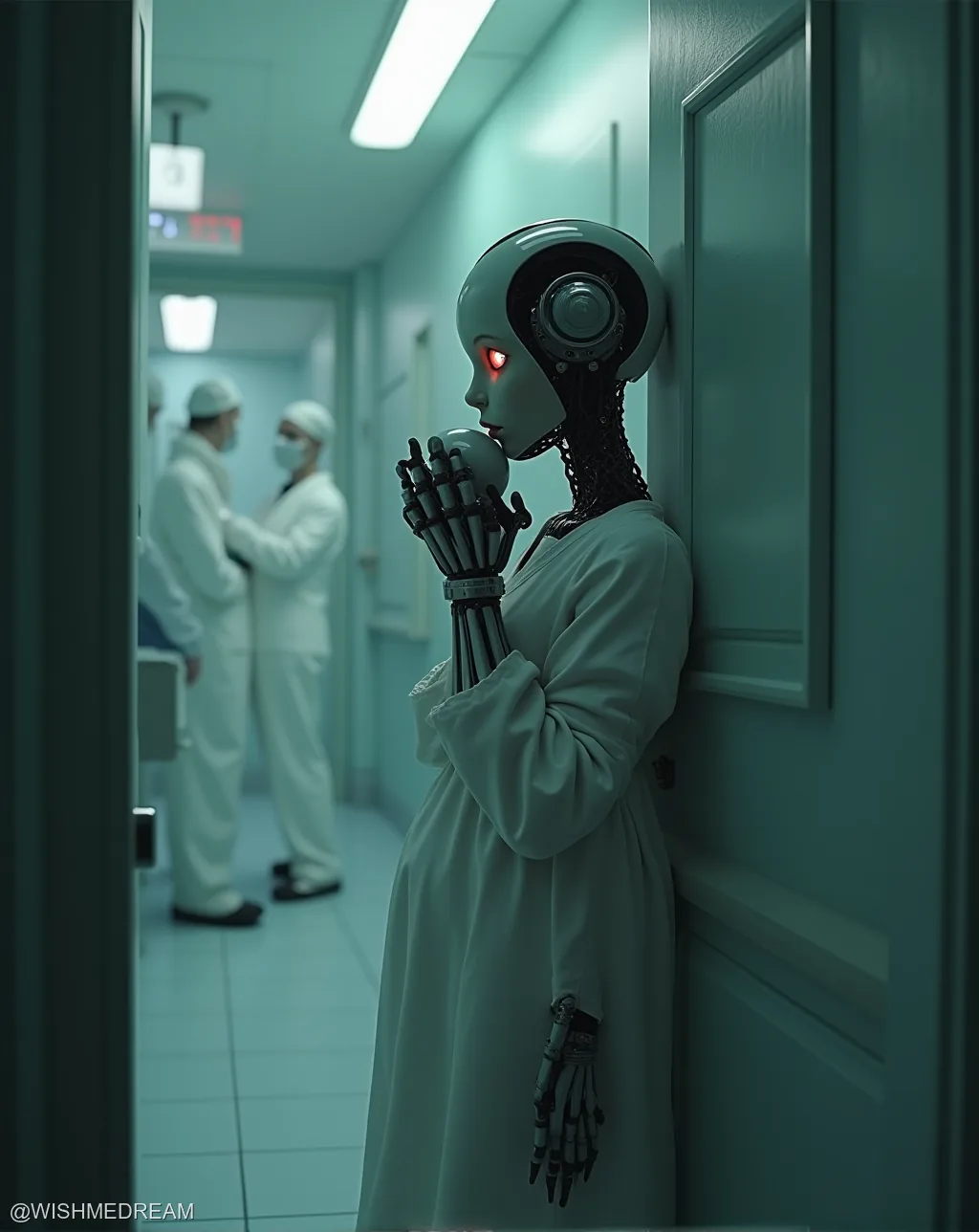 A humanoid robot with glowing red eyes and exposed internal wiring leans against a hospital wall, clutching its belly as if in labor. Behind it, two masked medical professionals converse in the sterile hallway.