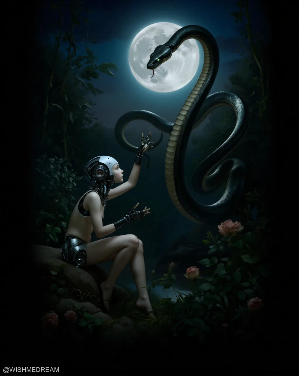 A half-robot, half-human girl with exposed mechanical limbs sits in a moonlit forest, gently touching a giant serpent that coils around the full moon. Roses bloom nearby as if nothing is amiss.