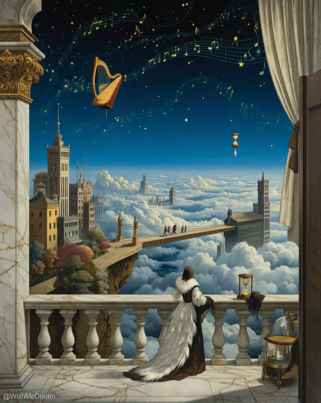 A regal woman in a fur-trimmed gown stands on an ornate balcony overlooking a city suspended above fluffy clouds. A floating harp spews musical notes into a starry night sky while a bridge connects distant buildings through the mist.