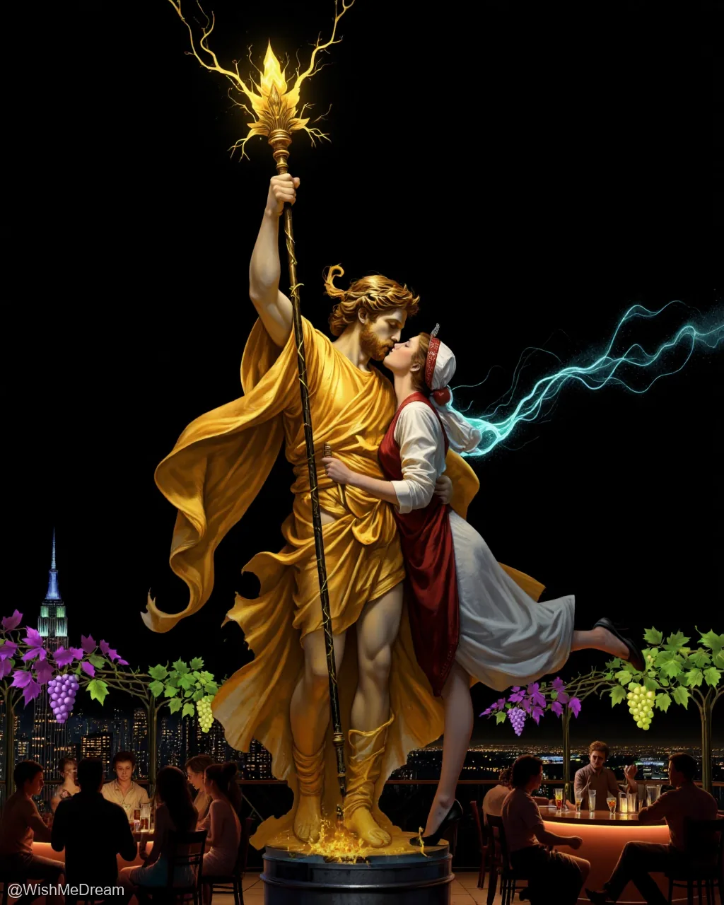 A colossal Zeus, holding his lightning bolt like a cocktail stirrer, passionately kisses a woman in Renaissance attire while standing atop a rooftop bar. Below them, patrons sip drinks under the glow of city lights and grapevines, oblivious to the divine spectacle above.