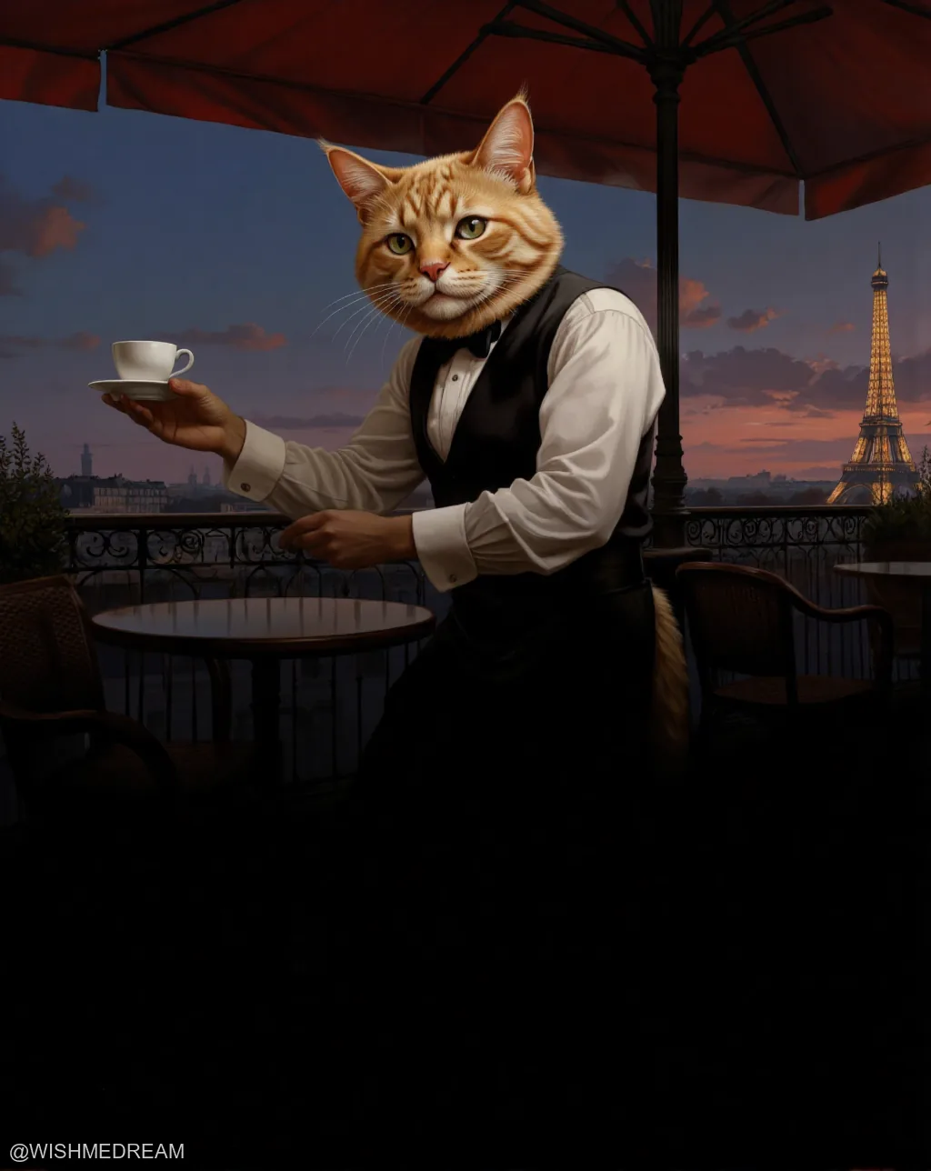 A cat with a human waiter's body, dressed in formal attire and holding a teacup, stands under a red umbrella on a Parisian terrace at dusk, with the Eiffel Tower glowing softly in the background.