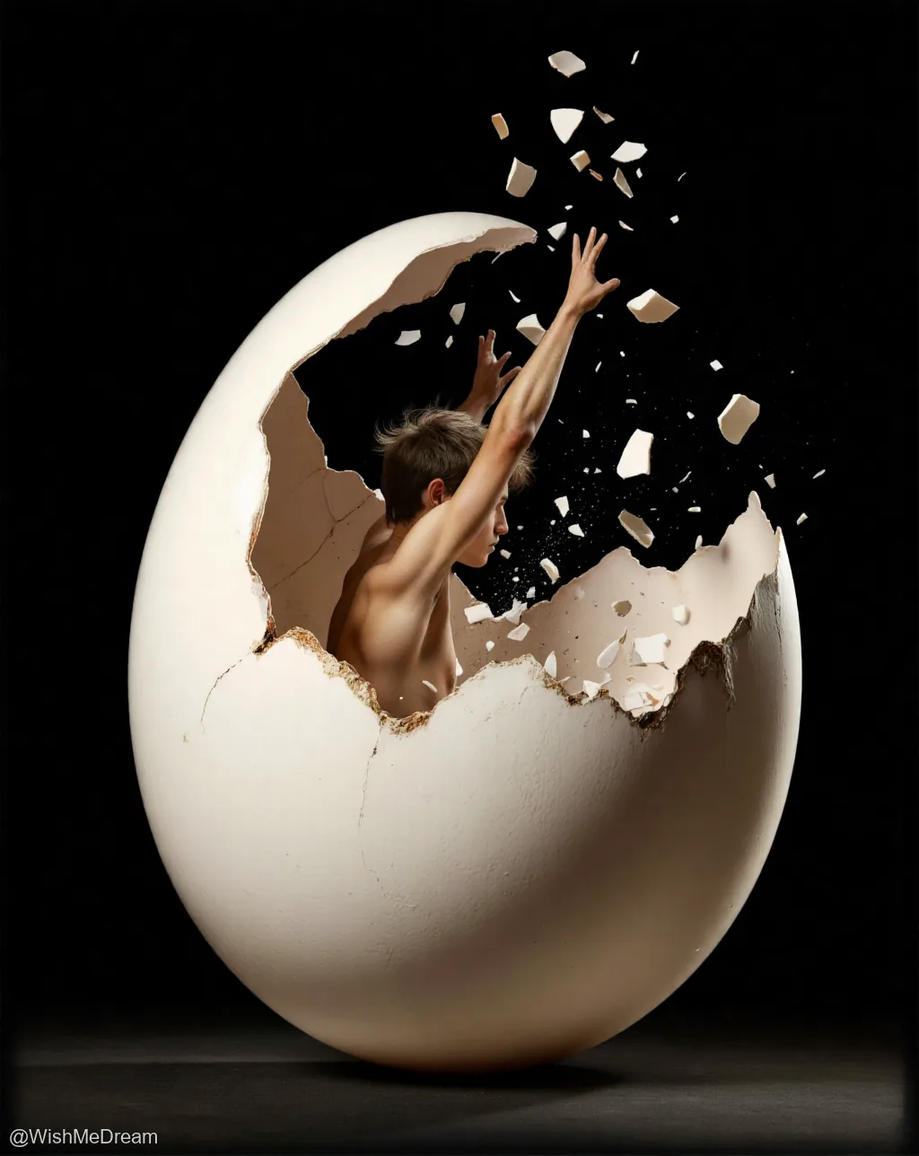 A shirtless young man is breaking out of a giant, cracked eggshell against a black background, his arms raised as fragments fly off in slow motion.
