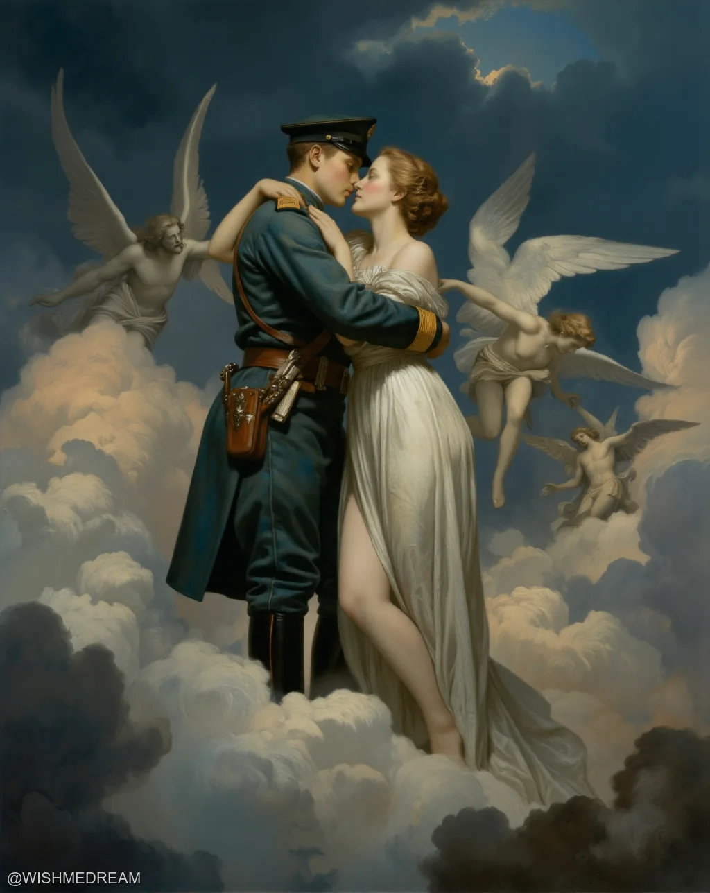 A soldier and a woman embrace tenderly atop storm clouds, surrounded by winged angels who appear to be observing or interfering with their romantic moment. The scene is painted in a dramatic, baroque style with theatrical lighting.
