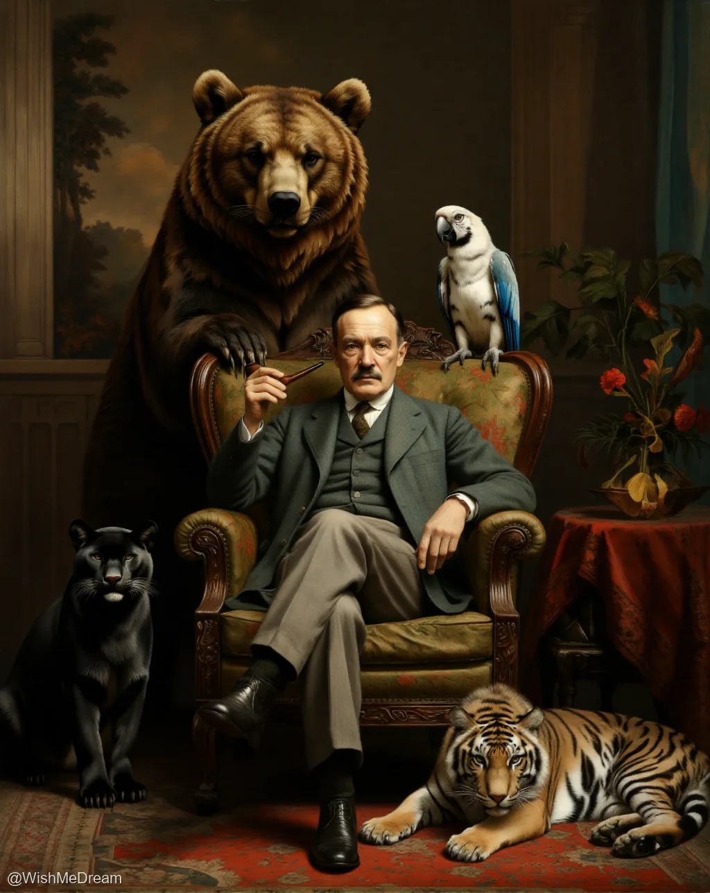 A man in formal attire sits calmly in an ornate chair, flanked by a bear standing behind him, a tiger lying at his feet, and a black panther nearby. A parrot perches on the armrest as if it’s part of the decor — all rendered with baroque opulence.