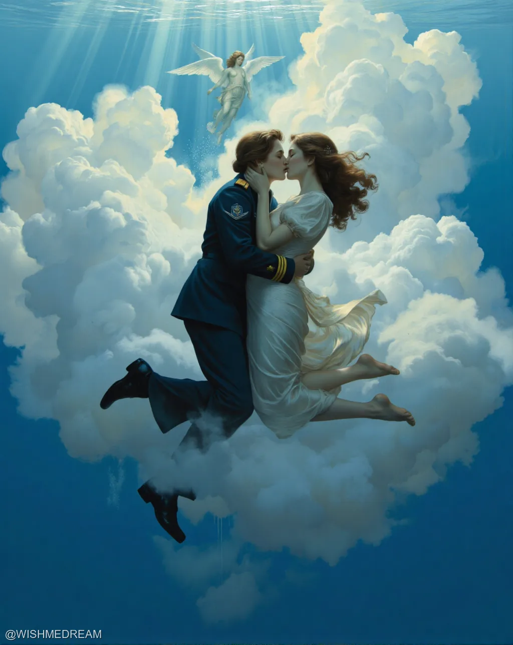 A couple in a passionate embrace floats amidst fluffy clouds underwater, with an angel observing above. The scene blends romantic fantasy with surreal aquatic elements.