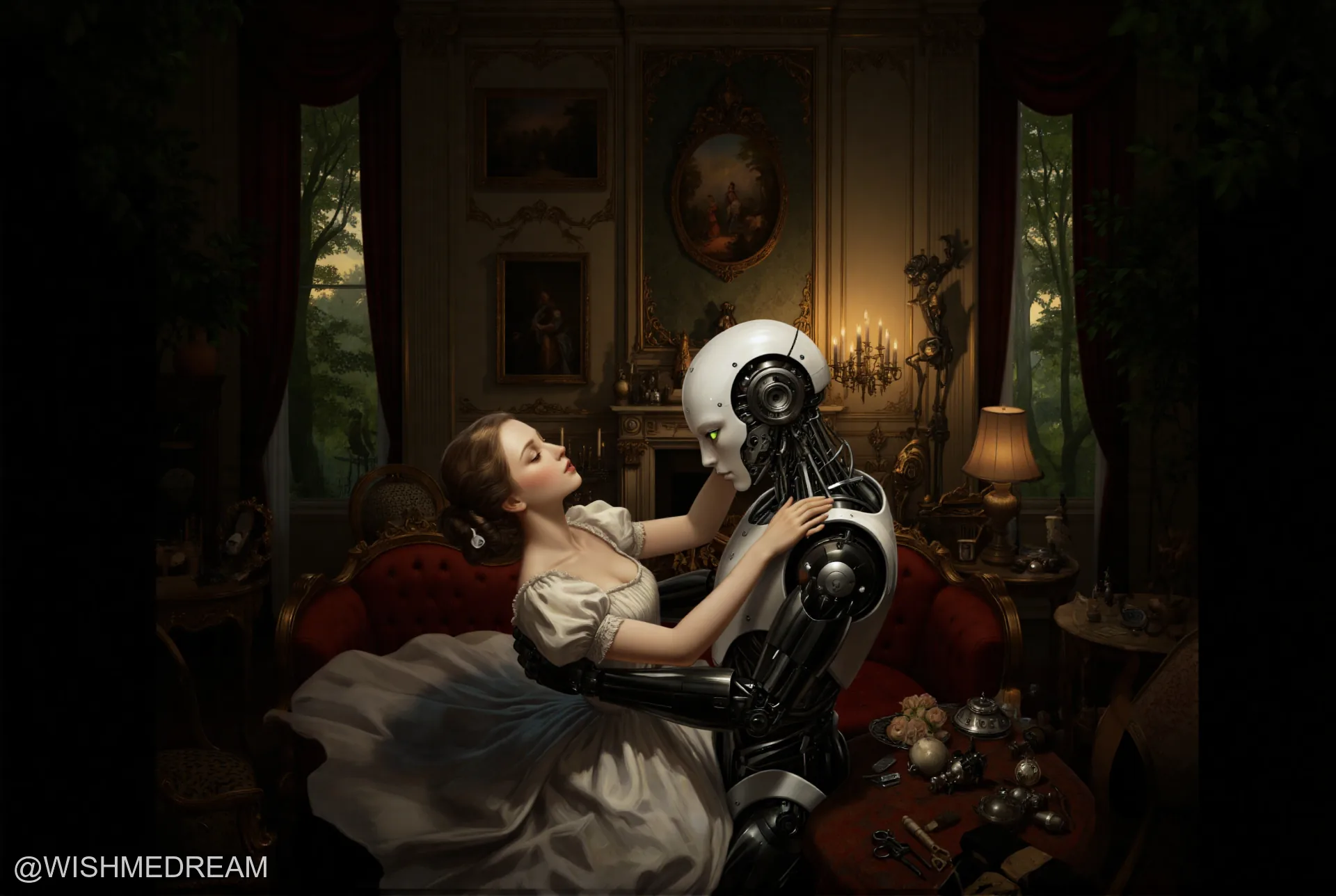 A woman in an ornate, candlelit baroque parlor reclines on a red velvet sofa, tenderly touching the face of a white humanoid robot with glowing green eyes. The scene is richly detailed with antique furniture and framed paintings, evoking a surreal blend of classical elegance and futuristic intimacy.
