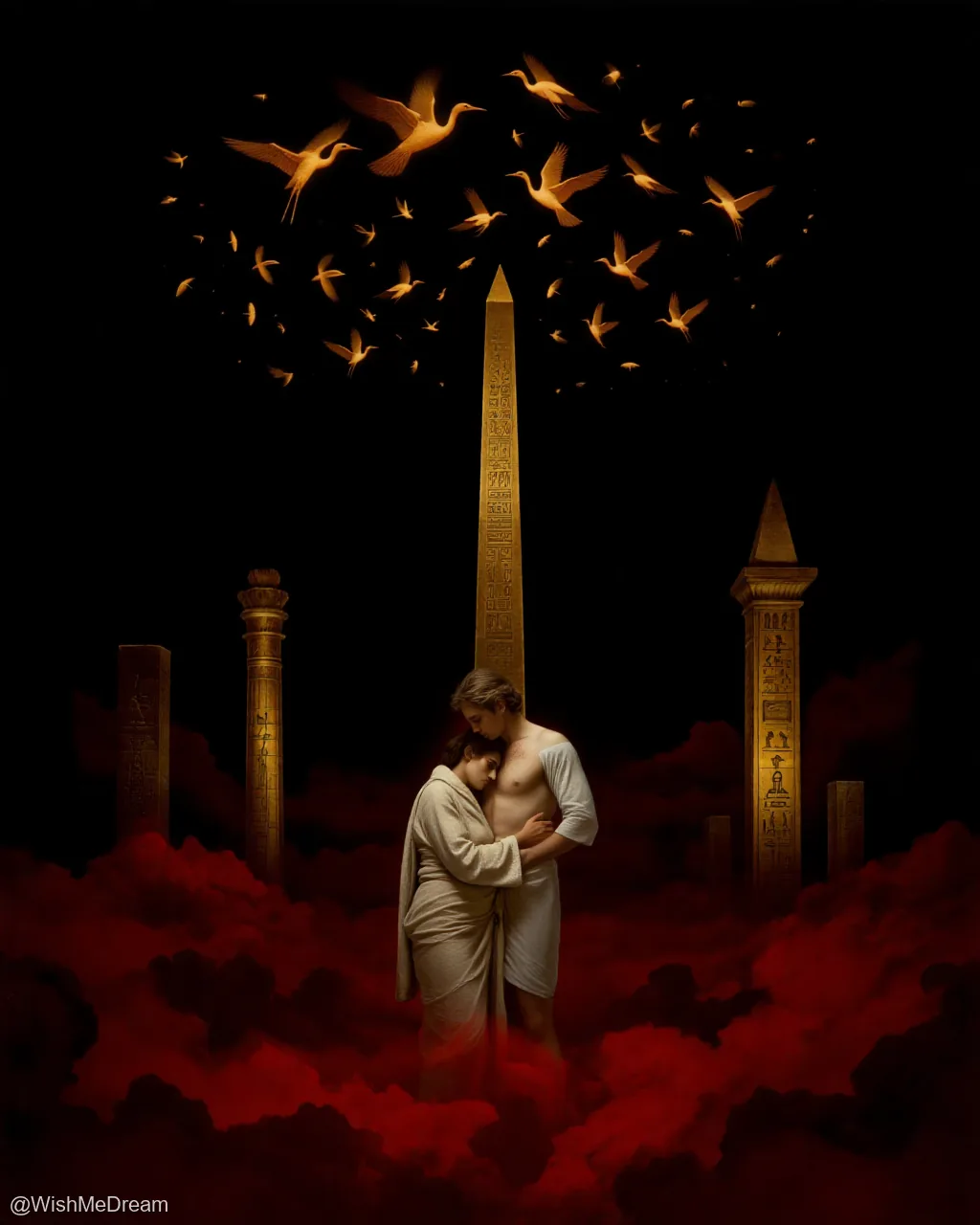 Two figures embrace tenderly amidst glowing obelisks and red clouds, as a flock of golden birds flies overhead like spectral messengers or disappointed ex-lovers.
