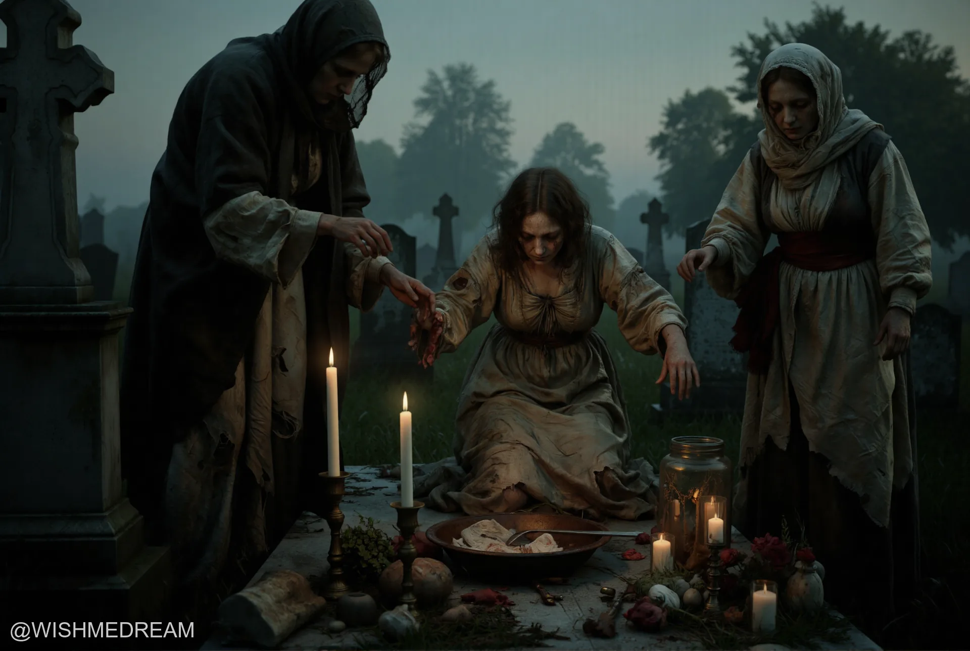 Three cloaked figures in a misty graveyard conduct an eerie ritual around a table laden with candles, bones, and strange offerings. One kneels while the others gesture over a bowl of meat, evoking a macabre feast.
