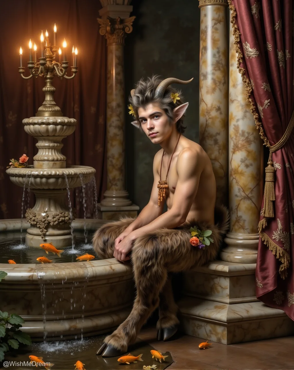 A handsome goat-headed youth with pointed ears and floral adornments sits contemplatively on the edge of an ornate marble fountain. Golden fish swim in the water around him, some even resting at his feet, while opulent columns and heavy drapes frame this surreal, baroque scene.
