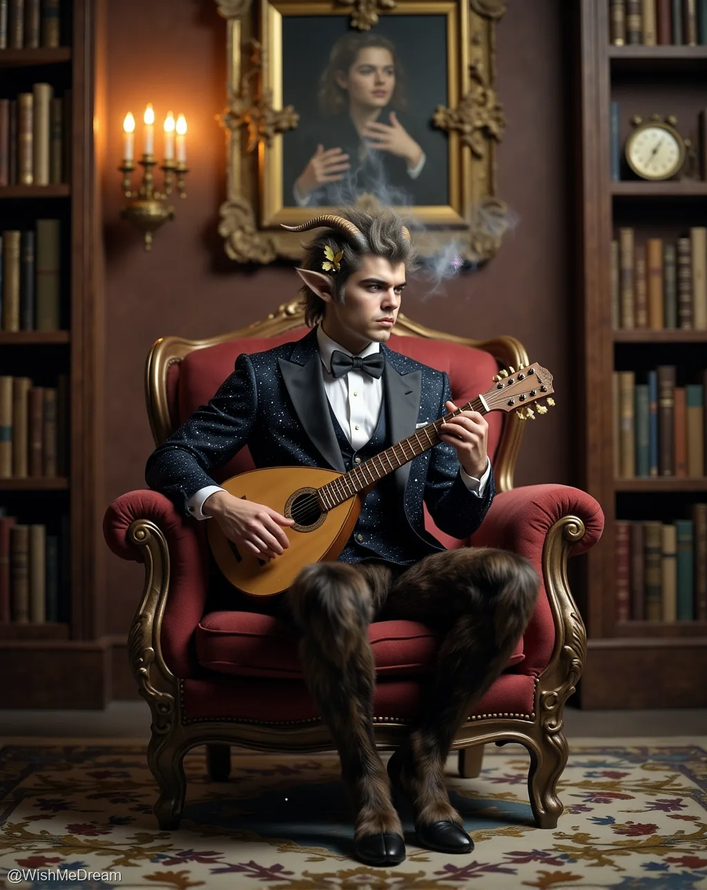 A horned, furry creature in a glittering tuxedo sits regally in an ornate chair, playing a mandolin while smoking. Behind him, a portrait of a woman gazes on as if judging his performance.