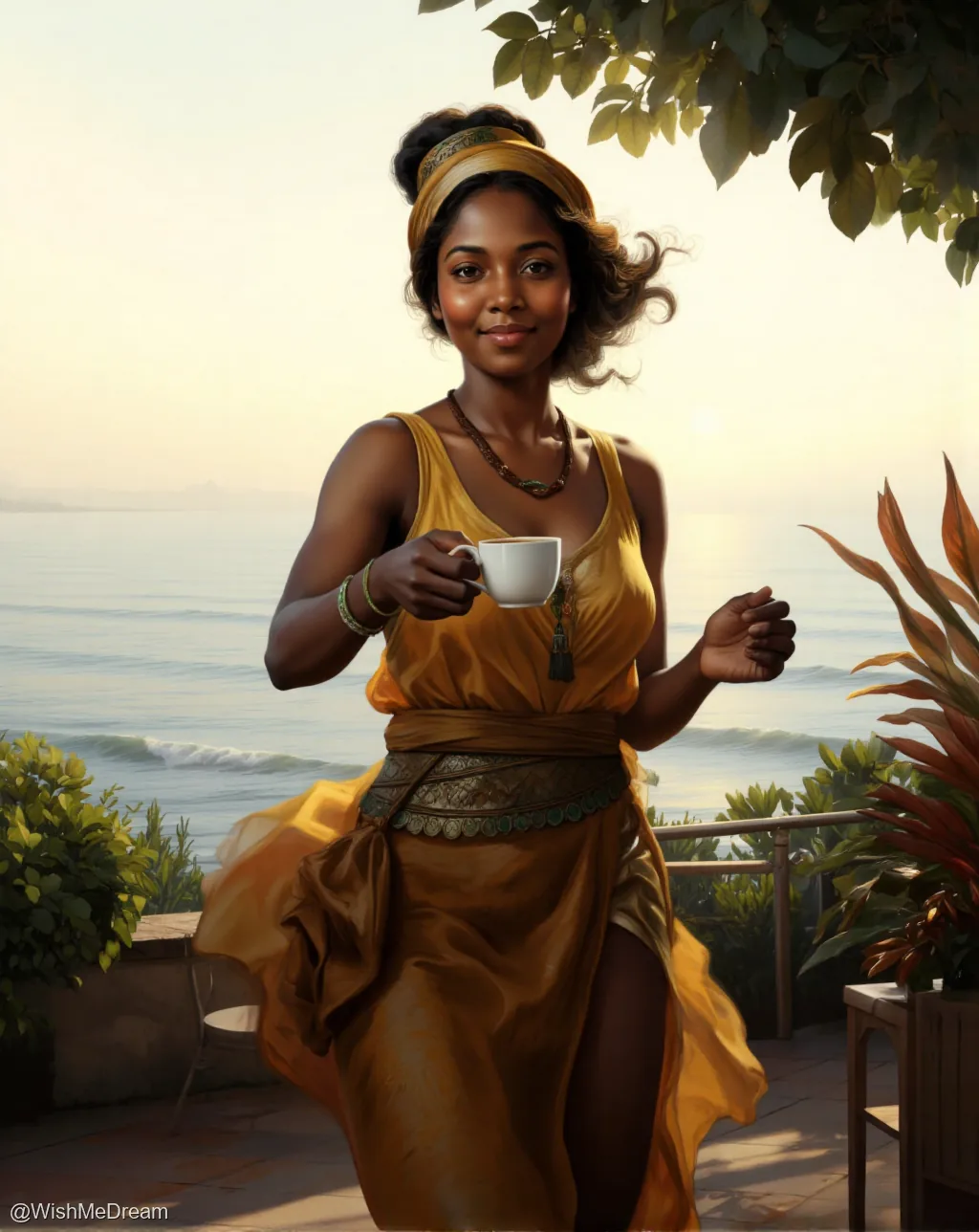 A woman in flowing golden robes sips coffee on a seaside terrace, framed by lush foliage and glowing sunrise light as waves gently lap below.