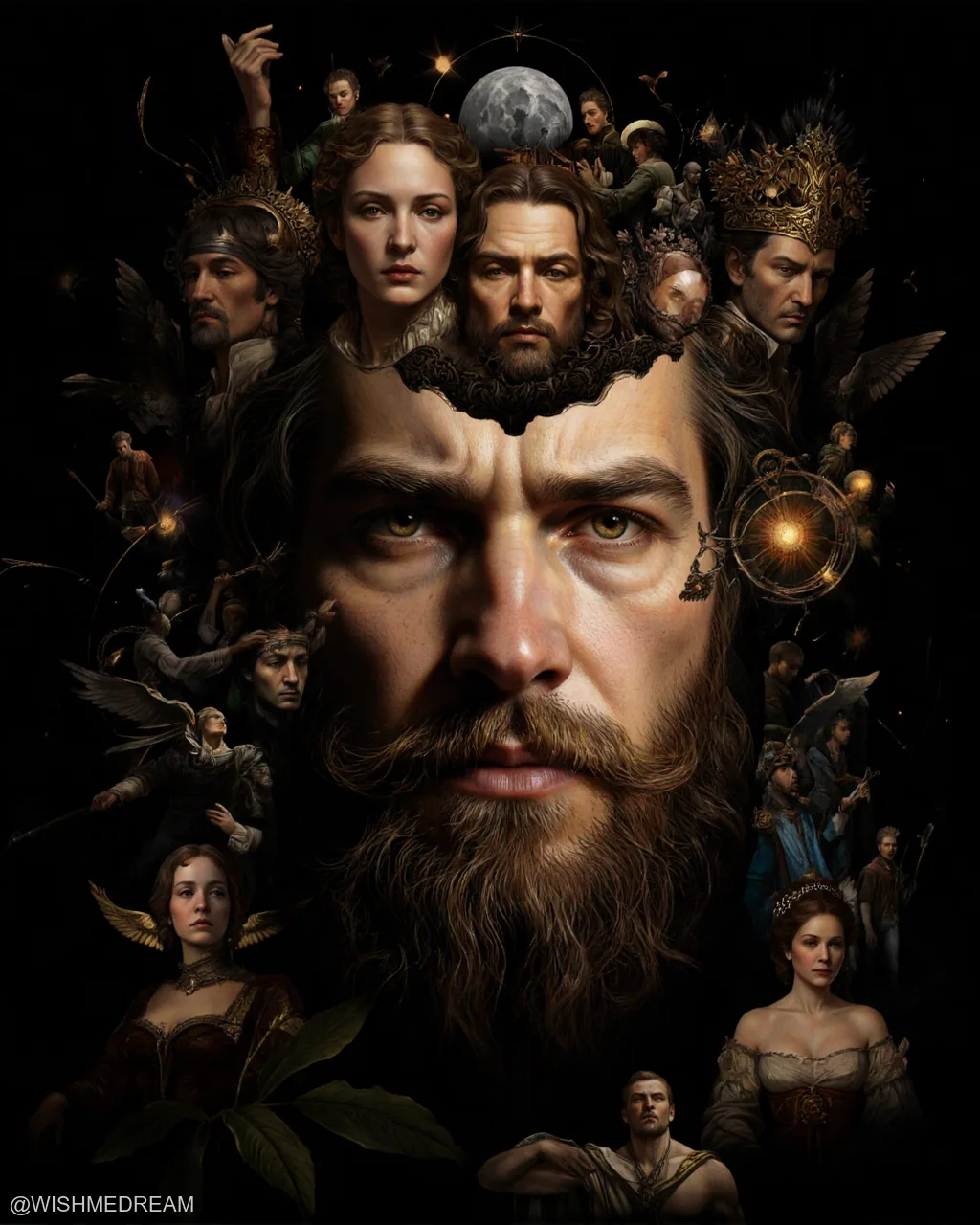 A bearded man’s face dominates the frame, his head filled with an intricate collage of other historical and mythological figures, celestial bodies, and ornate objects — all rendered in a dramatic, baroque style against a dark void.