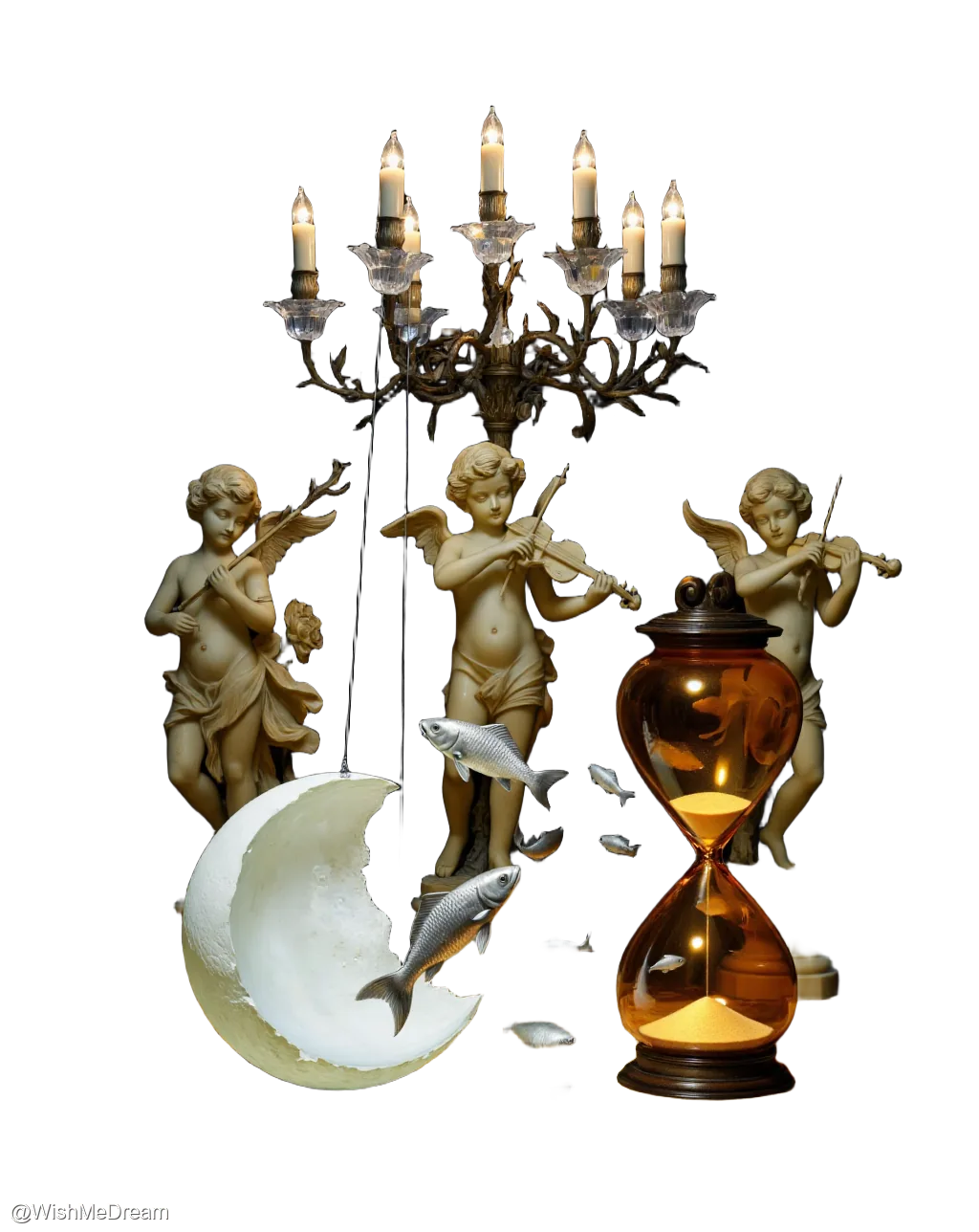 Three angelic cherubs play violins while silver fish leap from a broken crescent moon and swim through an hourglass filled with sand. A chandelier of lit candles hovers above, casting dramatic light on the ornate golden tablecloth.