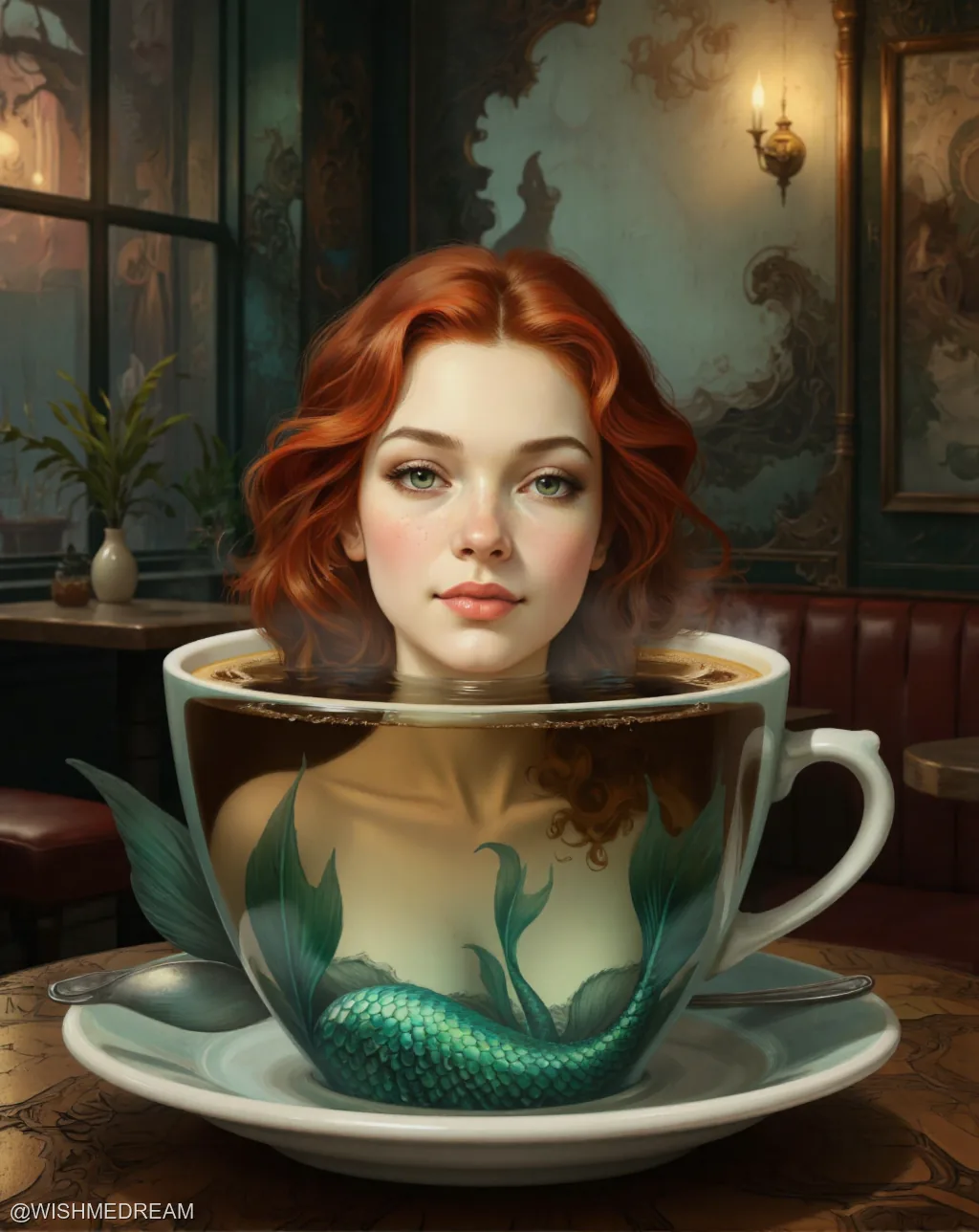 A mermaid with fiery red hair and green eyes emerges from a steaming cup of coffee, her scaled tail visible beneath the liquid surface. The setting is an ornate, baroque-style café with rich textures and warm lighting.