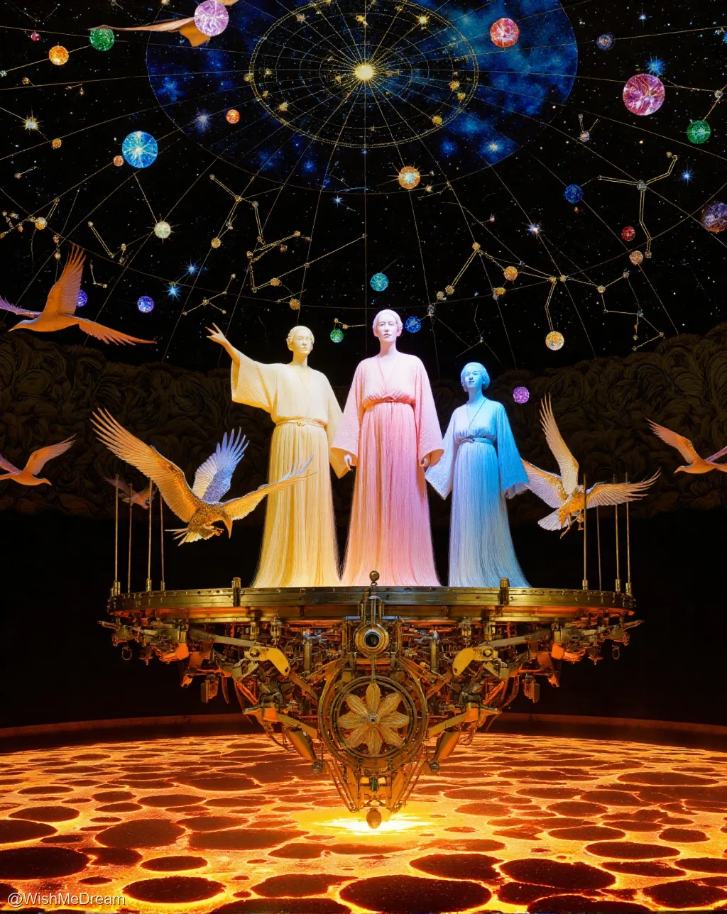 Three serene figures in flowing robes stand atop an ornate, mechanical platform suspended over molten lava. Above them, a celestial sphere displays constellations and glowing orbs while birds fly around them, creating a surreal fusion of cosmic grandeur and mechanical absurdity.