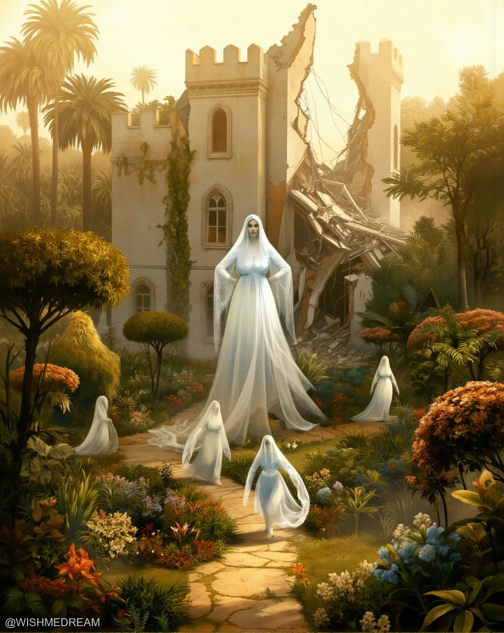 A towering ghostly woman in a flowing white gown stands before a partially collapsed castle, surrounded by smaller spectral figures in a lush, tropical garden bathed in warm sunset light. The scene blends baroque architecture with surreal decay.