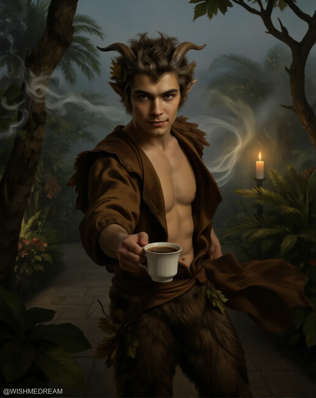 A handsome satyr with horns and pointed ears holds out a steaming cup of coffee, standing on a stone path surrounded by misty jungle foliage and a single candle. His brown cloak is draped open to reveal his bare chest.