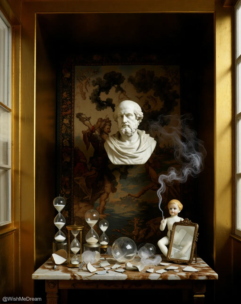 A classical marble bust exhales smoke while a porcelain doll smokes in front of it, surrounded by shattered glass orbs and hourglasses on an ornate table. Behind them, a tapestry depicts mythological figures against a dramatic sky.