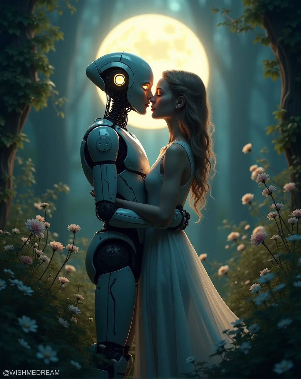 A humanoid robot with glowing eyes and exposed internal wiring embraces a woman in a flowing white dress, their foreheads touching under the warm glow of a full moon in a mystical forest filled with flowers.