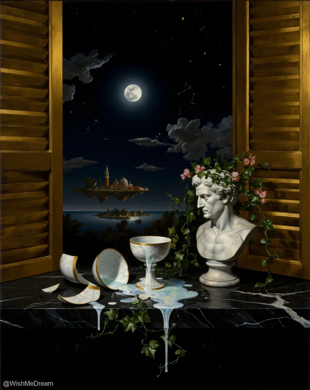 A classical marble bust adorned with climbing roses sits beside a shattered wine goblet from which liquid moonlight spills onto a black marble ledge. Through open wooden shutters, a surreal night sky with a full moon and floating islands hangs over the scene.