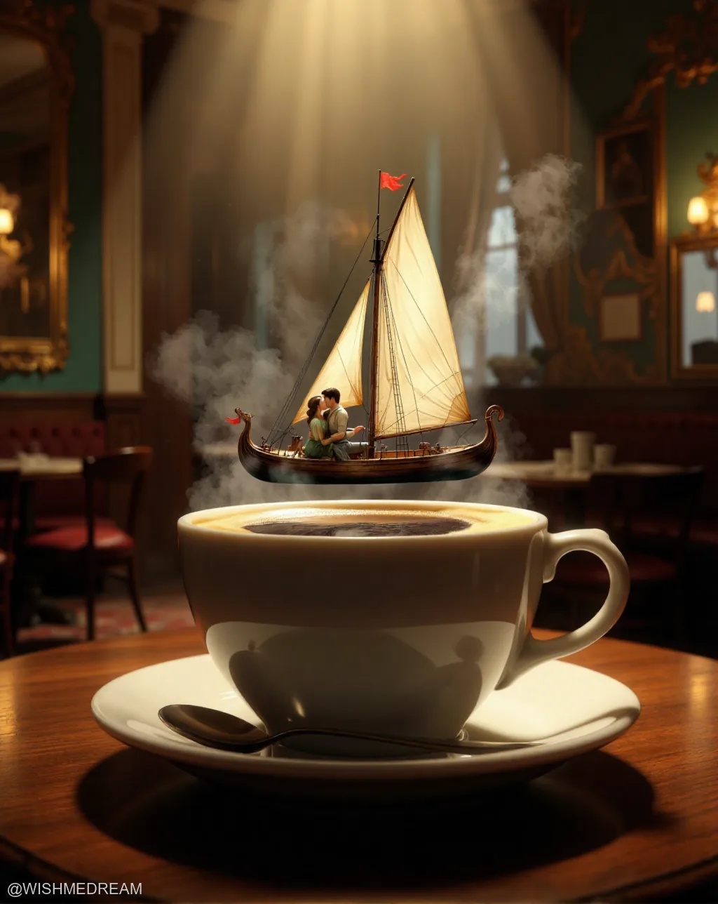 A miniature gondola with a couple kissing sails above a steaming cup of coffee, bathed in dramatic baroque light within an elegant café.