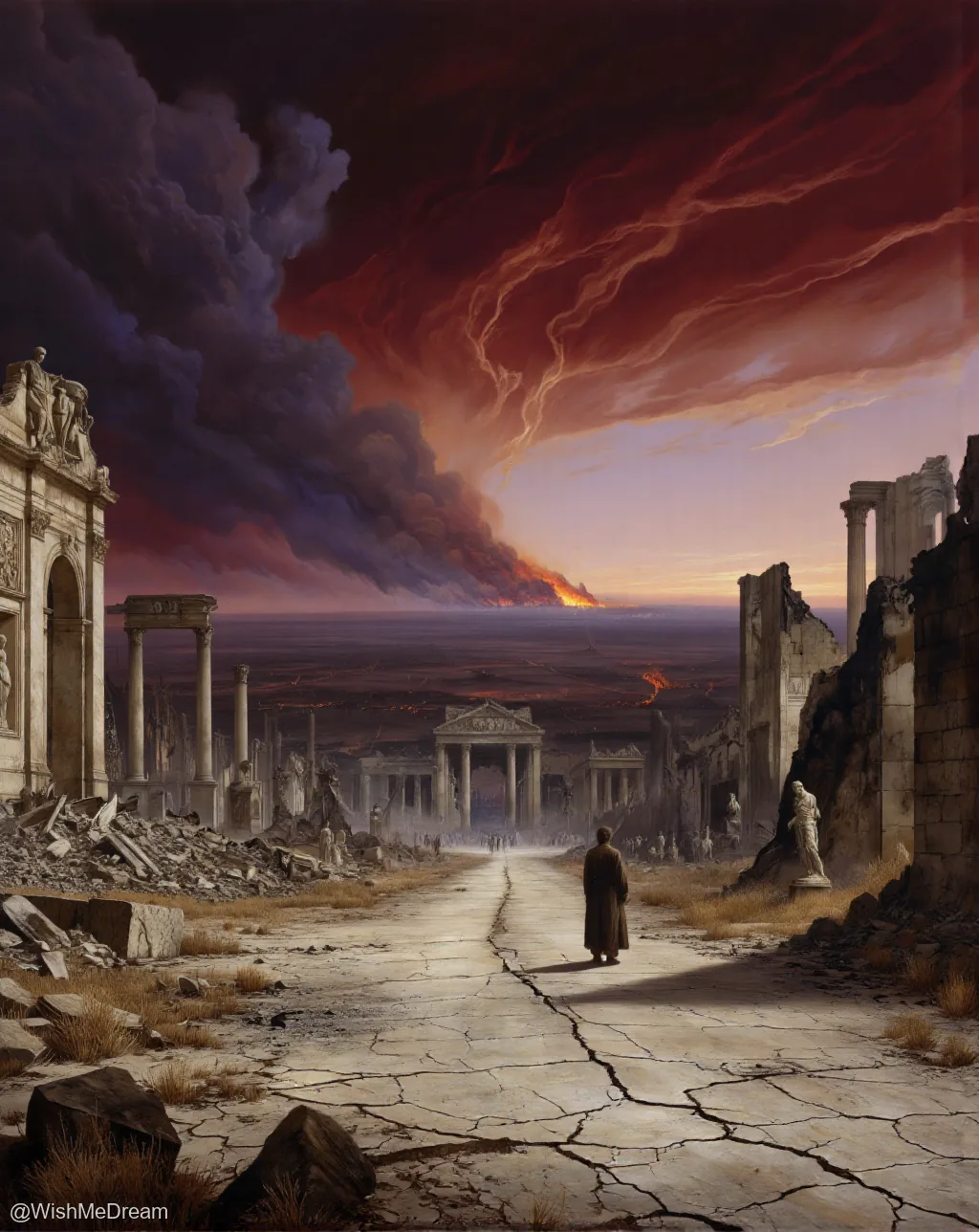A lone figure walks down a cracked pathway through ancient Roman ruins as fiery destruction rages on the horizon under a swirling red and purple sky.