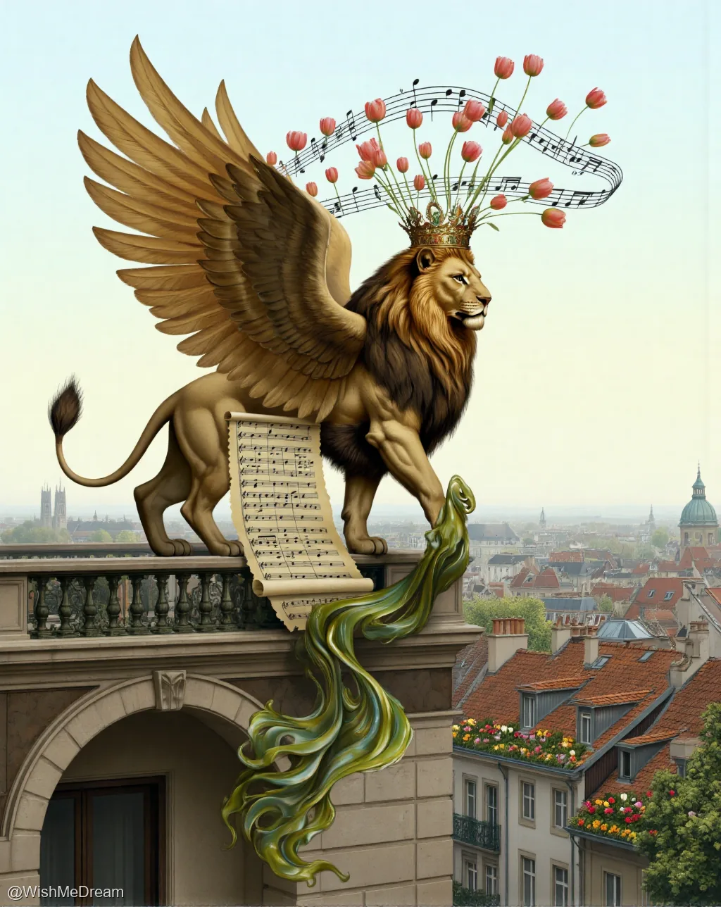 A majestic winged lion wearing a crown of musical notes and tulips stands regally on a balcony, holding a scroll of sheet music while its tail transforms into a flowing green serpent. The cityscape below features European rooftops with flower boxes.