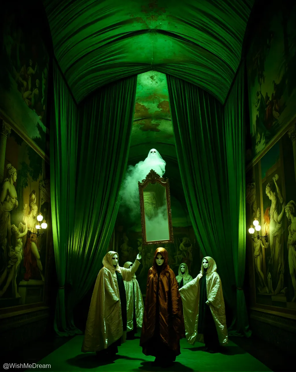 A group of robed, masked figures stands before a ghostly apparition emerging from an ornate mirror amidst opulent green drapery and classical frescoes. The scene merges gothic horror with lavish baroque aesthetics under eerie lighting.