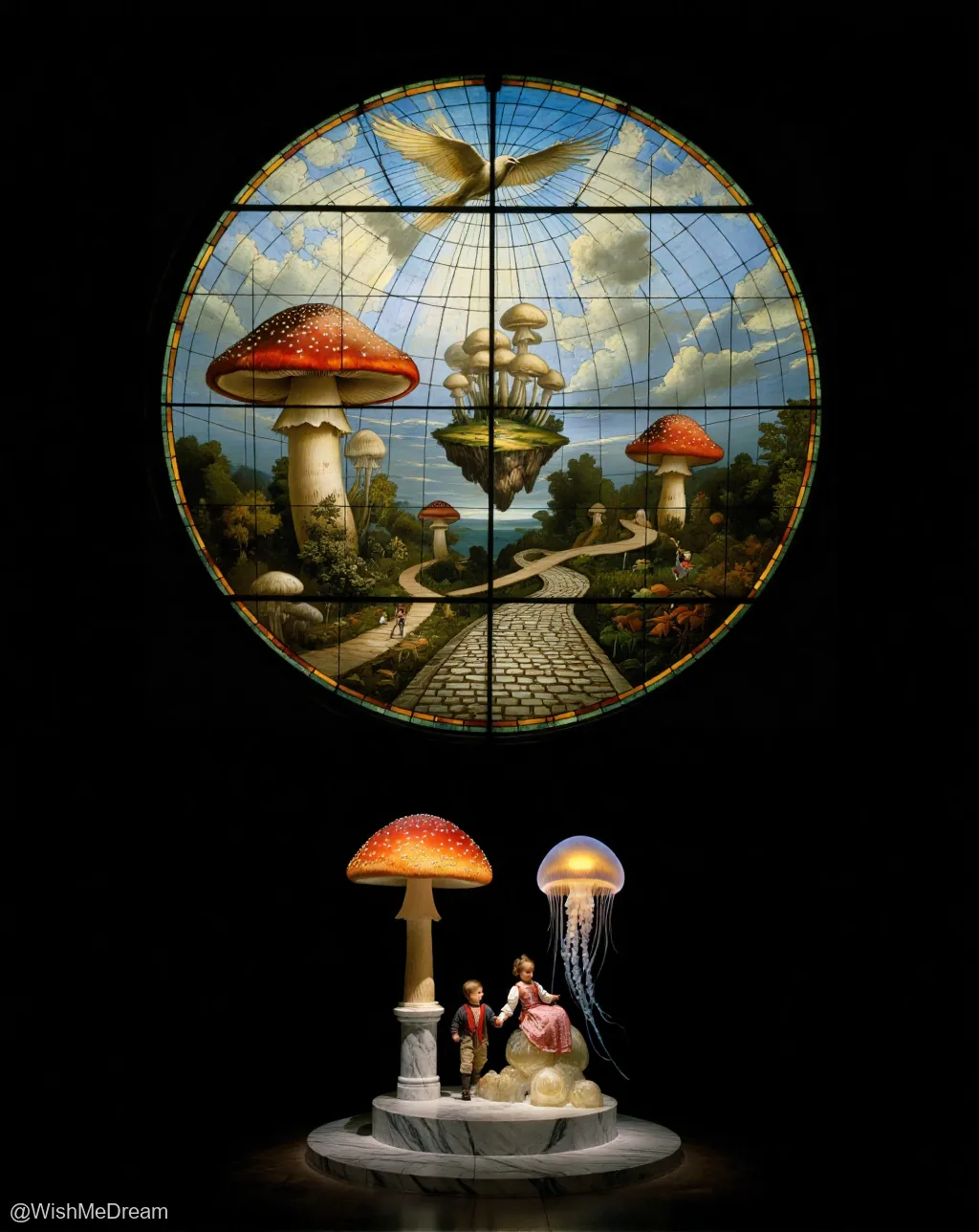 A stained-glass window depicts an otherworldly forest of giant mushrooms and floating islands, while below, two children hold hands beside a glowing jellyfish on a marble pedestal — all rendered in surreal baroque detail.