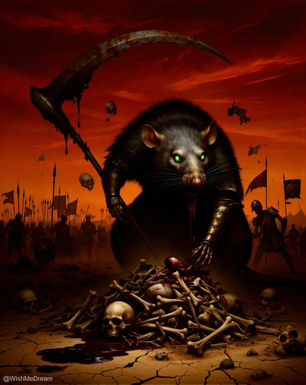 A grotesquely anthropomorphic rat, clad in armor and wielding a rusted scythe, stands triumphantly over a pile of bones against a blood-red battlefield. Behind it, soldiers stand frozen as skulls float through the air — all under a sky that screams apocalyptic horror.