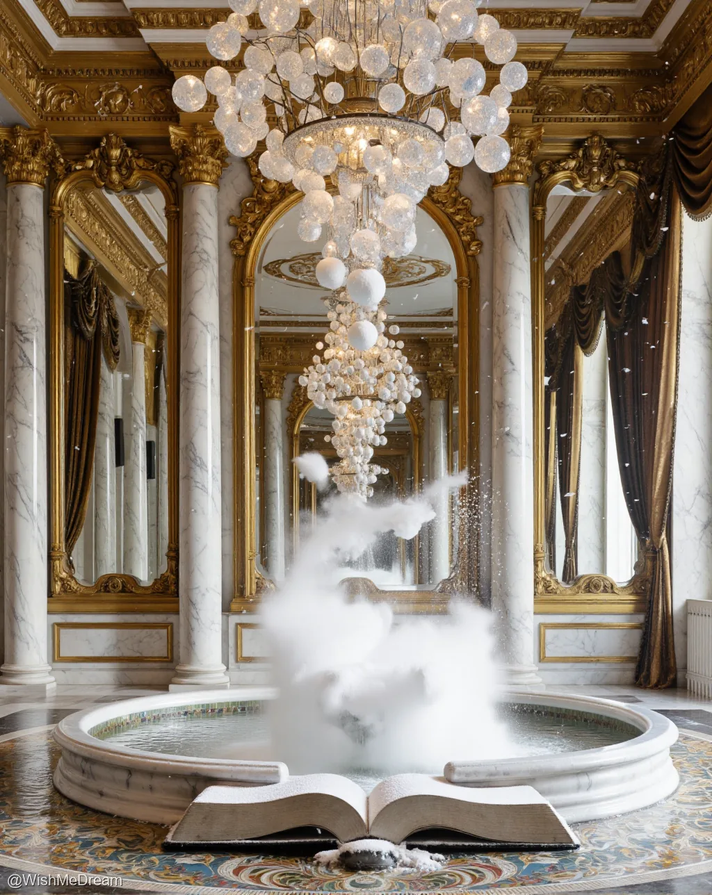 An opulent baroque hall with golden columns and mirrors is transformed by surreal elements — an open book lies at the base of a fountain from which swirling clouds erupt, while a giant chandelier composed of glass orbs cascades downward like frozen rain. The entire scene feels like a dream where gravity’s rules have been politely ignored.